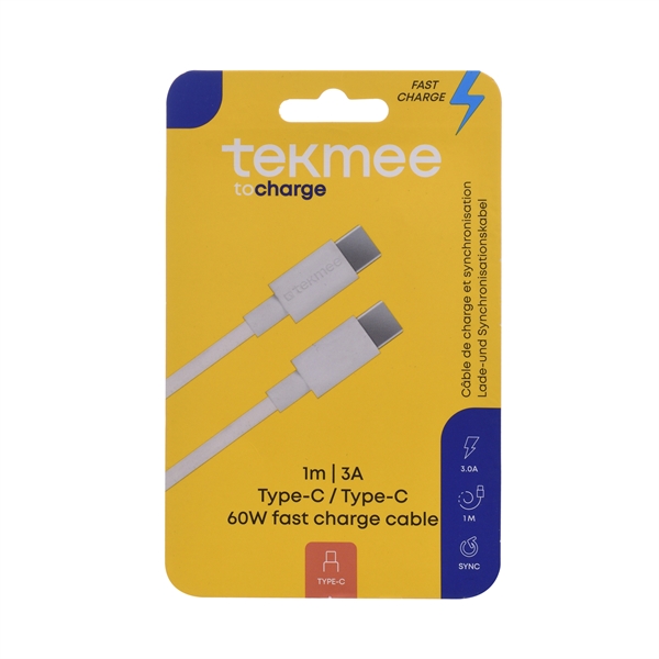 Tekmee 1 meter laddkabel, Typ-C till Type-C, Vit  